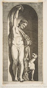 Un fauno de pie en un nicho sosteniendo un racimo de uvas con su mano derecha, ca. 1515-27 de Marco Dente