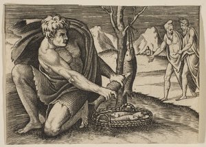 Un hombre arrodillado junto a una cesta de peces y tomando uno con ambas manos, dos hombres en..., ca. 1515-27 de Marco Dente