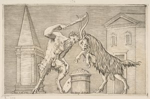 Un sátiro y un carnero atacándose, el sátiro blandiendo un garrote con su mano derecha, ca. 1515-27 de Marco Dente