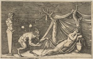 Un sátiro descubriendo a una mujer dormida, dos cangrejos colgando de una cuerda, ca. 1515-27