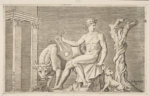 Apolo cuidando los rebaños de Admeto, Apolo sentado sosteniendo una lira y flanqueado por..., ca. 1515-27 de Marco Dente