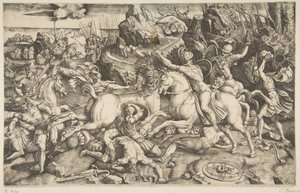 Escena de batalla en un paisaje con soldados a caballo y varios hombres caídos, otro..., ca. 1520 de Marco Dente