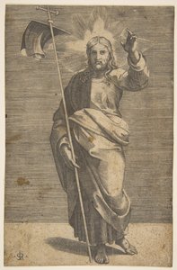 Cristo de pie mirando hacia adelante, sosteniendo una cruz con un estandarte y levantando su mano izquierda, ca. 1515-27 de Marco Dente