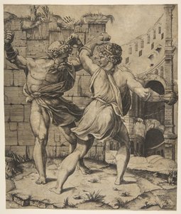 Entellus y Dares luchando frente a ruinas clásicas, 1520-25