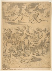 Galatea montada en una concha tirada por delfines, un cupido abajo y f..., ca. 1515-27 de Marco Dente