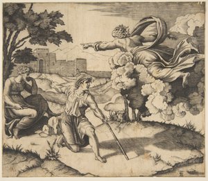 Dios apareciendo a Isaac, Dios flotando en nubes señalando hacia Rebeca sentada bajo..., ca. 1515-27 de Marco Dente