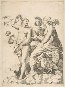 Juno, Ceres y Psique en las nubes conversando, Juno sentada con un pavo real