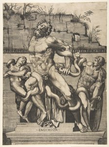 Laocoonte y sus hijos siendo atacados por serpientes