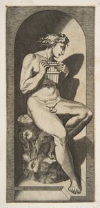 Olimpo desnudo sentado en un tocón de árbol sosteniendo flautas, dentro de un nicho, ca. 1515-27 de Marco Dente
