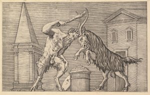 Speculum Romanae Magnificentiae: Un Sátiro y un Carnero Chocando de Marco Dente