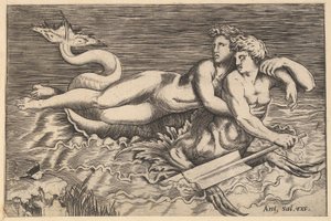 Speculum Romanae Magnificentiae: Un tritón llevándose a una ninfa, siglo XVI
