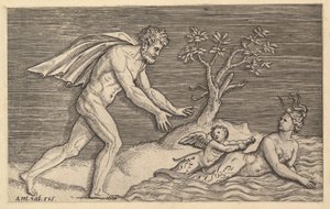 Speculum Romanae Magnificentiae: Hombre desnudo persiguiendo a una náyade de Marco Dente