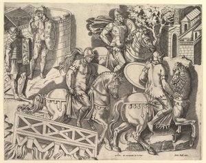 Speculum Romanae Magnificentiae: Jinetes romanos cruzando un puente de Trajano, siglo XVI de Marco Dente