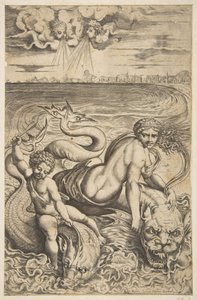 Venus y Cupido montando dos monstruos marinos, Cupido levanta una flecha en su mano derecha, ca. 1515-27