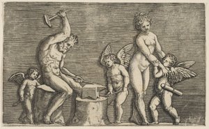 Vulcano sentado martillando en un yunque flanqueado por Venus y tres cupidos de Marco Dente