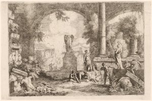 Capricho de ruinas antiguas con hombres mirando a un orador clásico de Marco Ricci