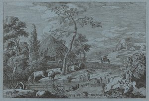 Ganado y figuras en un arroyo de granja de Marco Ricci