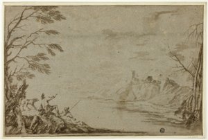 Cazadores con perro junto al río de Marco Ricci