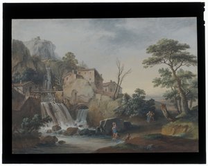 Paisaje con cascada y casas de campo