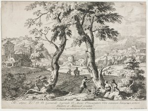 Vista de un pueblo con figuras en primer plano