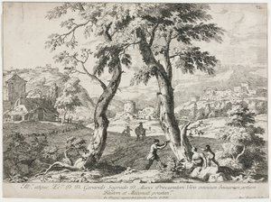 Vista de un pueblo con figuras en primer plano, 1723