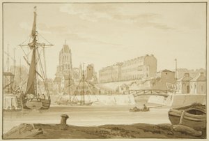 Iglesia de Redcliffe y Redcliffe Parade desde los bancos del mar, mostrando las casas de peaje del puente de Prince Street de Marcus H. Homes