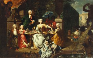 Un grupo familiar en una terraza en los terrenos de una villa. Posiblemente el empresario inglés George Jackson y su familia de Marcus Tuscher