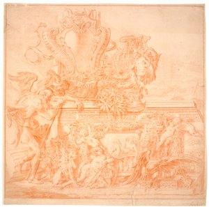 Boceto decorativo con un anciano, simbolizando el tiempo, un escudo, un jarrón, un águila y varias figuras alegóricas de Marcus Tuscher