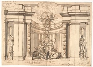 El interior de un templo con el escudo de armas danés y el árbol genealógico de los reyes de Oldenburgo de Marcus Tuscher