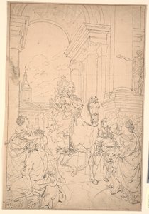 Boceto para la pintura: Dinamarca y Noruega rinden homenaje a Chr. VI (quemado con Christiansborg 1794)