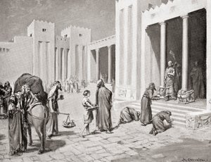 Un príncipe siro-hitita entrevistando a un grupo de sus súbditos semitas en el Bit-hilani, de la Historia de las Naciones de Hutchinson, pub.1915. de Margaret (after) Dovaston