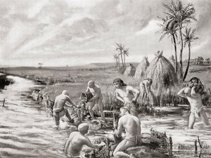 Primeros colonos en Babilonia drenando los pantanos mediante la construcción de una presa, de la Historia de las Naciones de Hutchinson, pub.1915 de Margaret (after) Dovaston