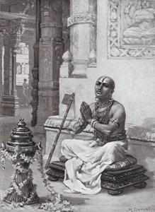 Ramanuja contemplando su filosofía del Dios único y personal, 1100 d.C. (litografía) de Margaret (after) Dovaston