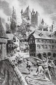La quema del castillo de Wadenschwyl en 1804 (litografía) de Margaret (after) Dovaston