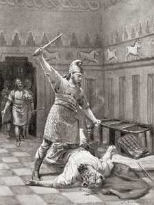 El asesinato de Tukulti-Ninurta I en su ciudad sitiada Kar-Tukulti-Ninurta, de la Historia de las Naciones de Hutchinson, pub.1915.