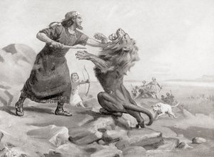 Tiglath-Pileser matando a un león, de la Historia de las Naciones de Hutchinson, pub.1915 de Margaret (after) Dovaston