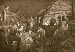 Un oficial alemán y catorce de sus hombres piden clemencia al teniente Leach (litografía) de Margaret Dovaston