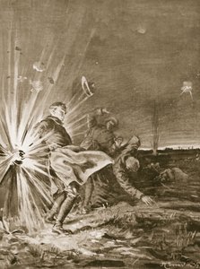 Un proyectil estalla cerca del soldado Jackson, volándole el brazo cuando ayudaba a traer a un herido (litografía). de Margaret Dovaston