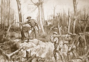El capitán (teniente coronel temporal) R.B. Barker organizando las defensas de un bosque (litografía) de Margaret Dovaston