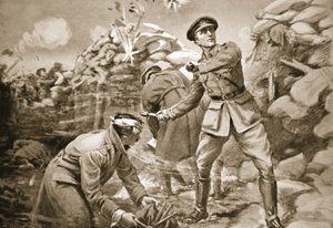El capitán Vickers mantiene a raya al enemigo mientras se construye una barrera detrás de él (litografía) de Margaret Dovaston