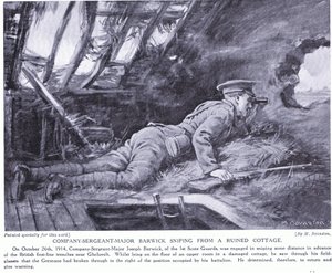 Sargento Mayor de Compañía Barwick disparando desde una cabaña en ruinas en Ghehuvelt Octubre 1914 (litografía) de Margaret Dovaston