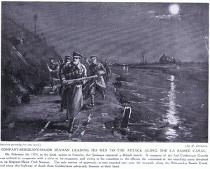 Sargento Mayor de la Compañía Seaman conduciendo a sus hombres a lo largo del Canal de La Basse Febrero de 1915 (litografía) de Margaret Dovaston