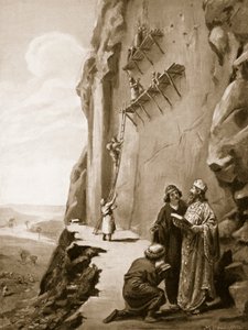 Darío supervisando su inscripción en Behistun, ilustración de la "Historia de las Naciones de Hutchinson". de Margaret Dovaston
