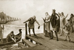 Edgar el Pacificador sosteniendo una revista naval, ilustración de "Hutchinson