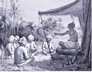 Kulottunga Chola da instrucciones a sus topógrafos 1086 d.C. (litografía) de Margaret Dovaston