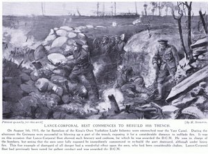 Soldado de primera Best condecorado con una M.C.D. por comenzar a reconstruir su trinchera cerca del canal de Yser bajo un intenso fuego en agosto de 1915 (litografía). de Margaret Dovaston
