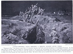 El cabo primero Jacka gana una VC demostrando cómo un hombre puede vencer a siete Mayo de 1915 (litografía) de Margaret Dovaston