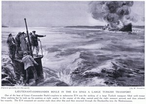 El capitán de corbeta Boyle en el E14 hunde un gran transporte turco 1915 (litografía) de Margaret Dovaston