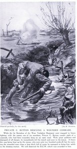 Soldado Button condecorado con la M.C.D. por rescatar a un compañero herido (litografía) de Margaret Dovaston