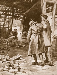 Soldado J.S. Kerr prestando primeros auxilios a los heridos en una granja que estaba siendo bombardeada (litografía)